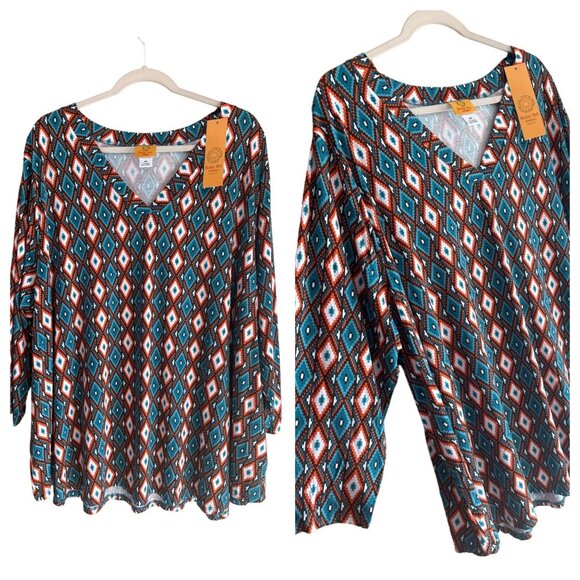 NWT Ruby Rd. Ladies V Neck Super Stretchy 3/4 Sleeve Abstract BOHO Blouse SZ 4X - Picture 1 of 7